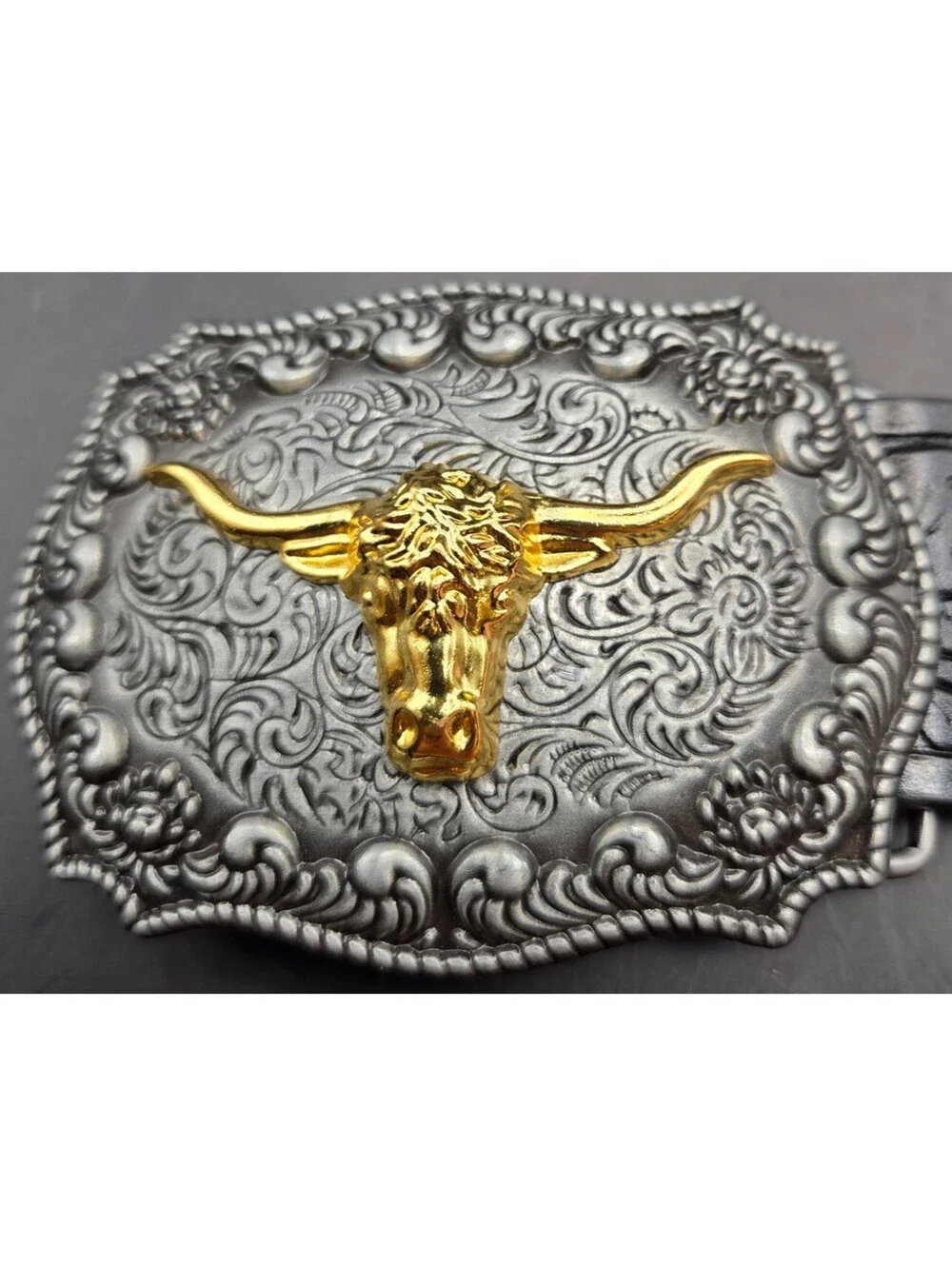Western Leather Belt Mens 42 Black Floral Engraved Longhorn Buckle 1.25in